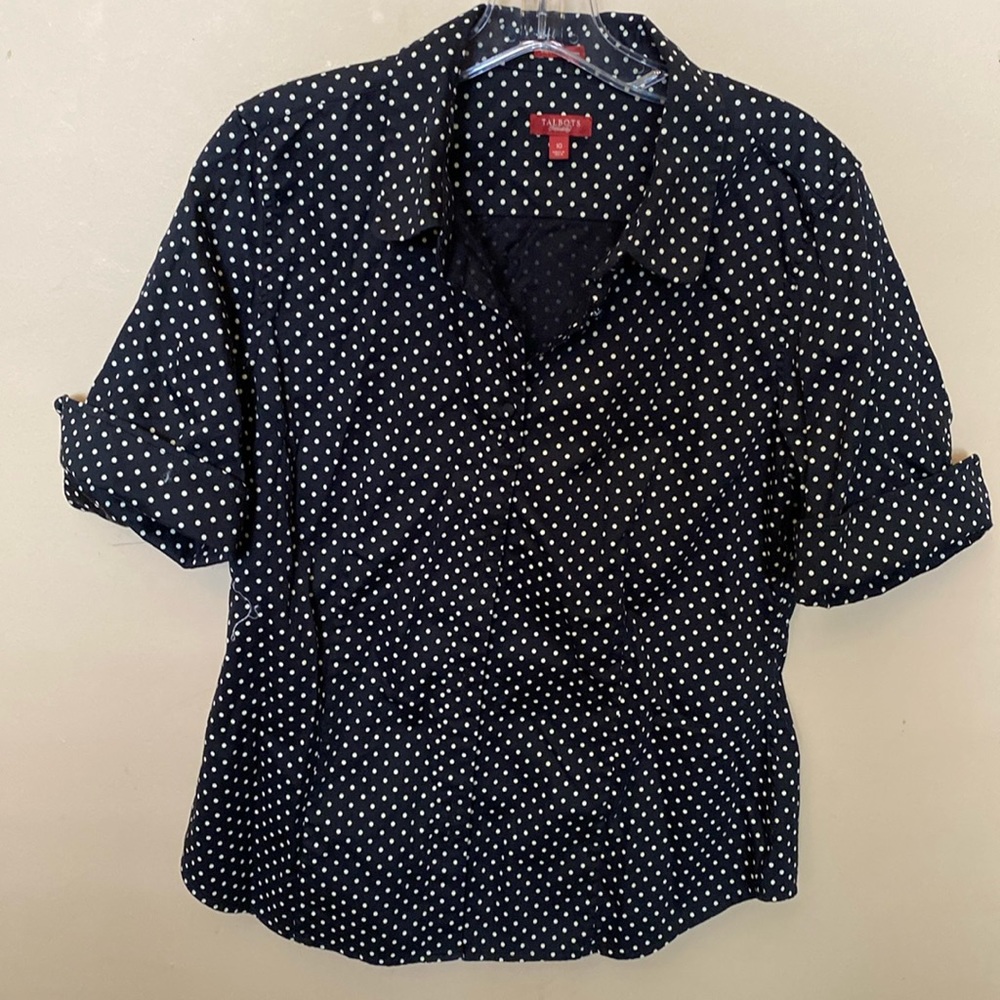 Talbots black with white polka dot button down blouse